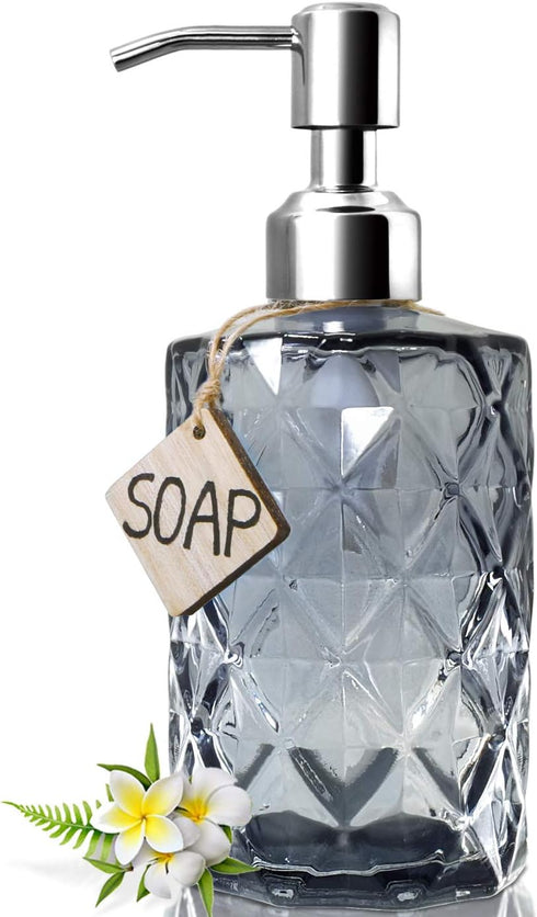 JASAI Diamond Design Glass Soap Dispenser, 12 Ounce Kitchen Soap Dispenser with Stainless Steel Pump (Grey)