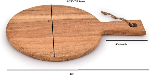 Round Acacia Wood Cutting Board with Handle, Chopping and Serving Board for Charcuterie, Cheese, Pizza (13" X 9")