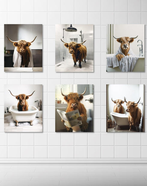 MINI ZOZI Cow Bathroom Decor 8x10, 6PCS Canvas Pictures Wall Decor Funny Highland Cow Prints Art