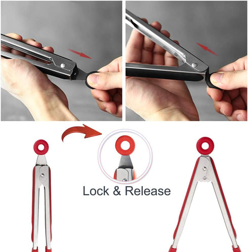 Cooking Tongs Stainless Steel 9 inches and 12 inches, Heat Resistant Silicone Serving Tong Meat Turner Spatula Tong