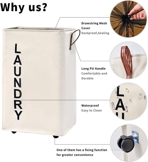 92L Large Laundry Hamper with Leather Handle,Standable Laundry Basket with Wheels ,Large Hamper,Rolling Laundry Basket
