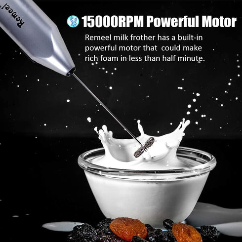 Handheld Milk Frother with Stainless Steel Whisk, Portable and Powerful Foam Maker for Morning Coffee, Latte, Cappuccino, Hot Chocolate (Silver) by Remeel