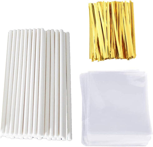Lollipop Stick (6 inch), Candy Wrappers and Twist Ties Set, 100 Papery Lollipop Sticks, 200 Bags & 200 Twist Ties