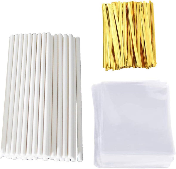 Lollipop Stick (6 inch), Candy Wrappers and Twist Ties Set, 100 Papery Lollipop Sticks, 200 Bags & 200 Twist Ties