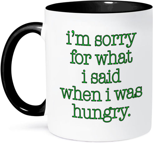 3dRose I'm Sorry For What I Said When I Was Hungry - Lime Green Two Tone Mug, 11 oz, Black