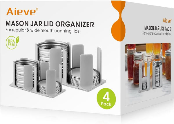 AIEVE 4 Pack Mason Jar Lid Organizer, Canning Lid Storage Rack for Wide & Regular Mouth Lids and Rings