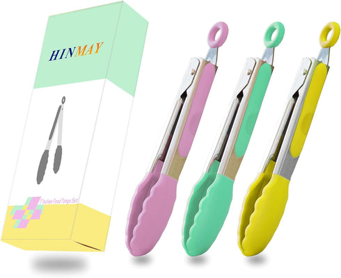 Small Tongs with Silicone Tips, 7-Inch Serving Tongs, Set of 3 (Pink Mint Yellow)