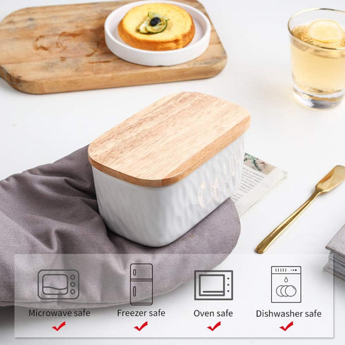 KOOV White Porcelain Large Butter Dish with Lid, Airtight Container with Oak Lid for 2 Sticks of Butter