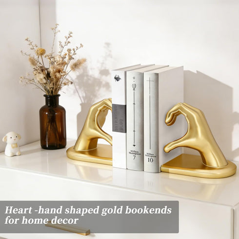 Book Ends for Shelves, Gold Heart Hands Decorative Bookends Book Holder for Bookshelf Decor, Unique Book Holders Heavy