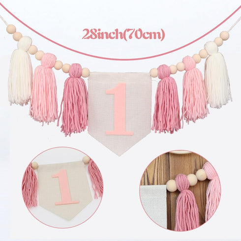 1st 1 Boho Pink Handmade Birthday High Chair Banner First Highchair Banner For Baby Girls Wild One Wall Hangings Wood