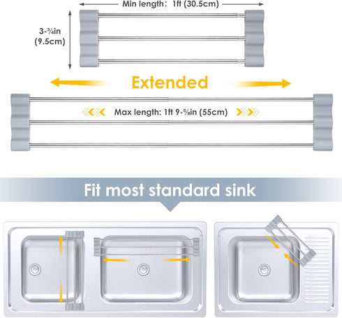 Tomorotec Adjustable Over-The-Sink Kitchen Rack for Dishcloths, Sponges, Bottles and Brushes - Heat-Resistant Stainless