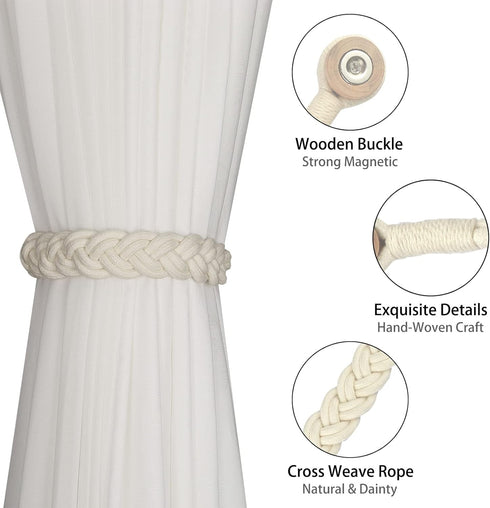 BEL AVENIR Curtain Tiebacks, Magnetic Woven Curtain Holdback Drapery Tie-Back (Ivory Braid-2 Pack)