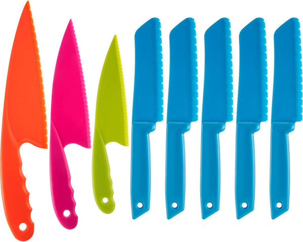 Jovitec 8 Pcs Kid Cooking Knife Set, Children's Safe Chef Nylon Knives with Plastic Serrated Edges for Cutting Fruit