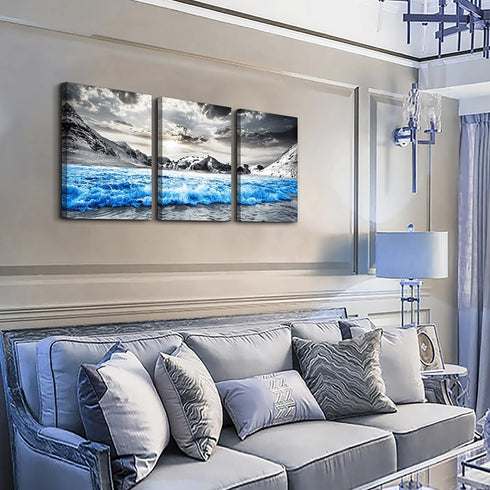 TTHYUEWS Framed Canvas Wall Art For Bedroom Modern Home Wall Decoration For Living Room Office Wall Decor Black And White Beach Wall Paintings Blue Ocean Sea Wave Pictures Posters Artwork 3 Piece