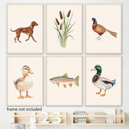 Yaasilinage Set 6 8x12in Nursery Animal Canvas Wall Art, Mallard Duck Hunting Poster, Fish Fishing Wall Decor