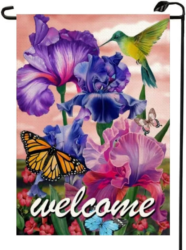 Welcome Hummingbird Iris Floral Garden Flag - 12x18 Inch Double Sided Outdoor Decor with Purple Flower and Butterfly