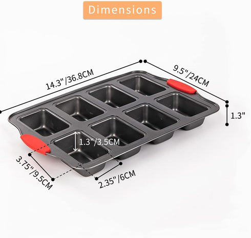 PLAZOTTA 2 Packs 8 Cavity Non-Stock Mini Loaf Pan with Silicone Handle, Mini Bread Loaf Baking Pan Mini Brownie Pan Cheesecake Pan Rectangular Bar by PLAZOTTA