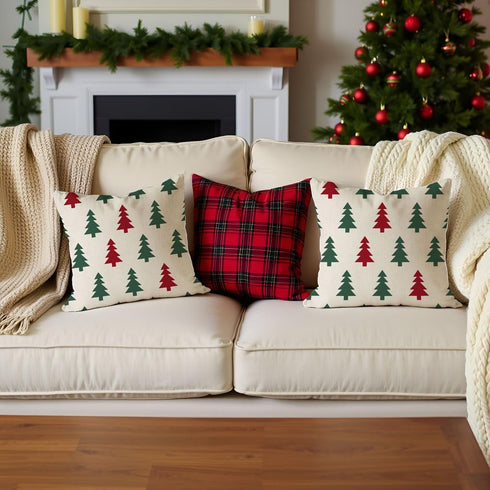 18x18 Set 2 Red and Green Christmas Tree Pillow Covers of Outdoor Farmhouse Xmas Holiday Throw Pillow Cases for Sofa