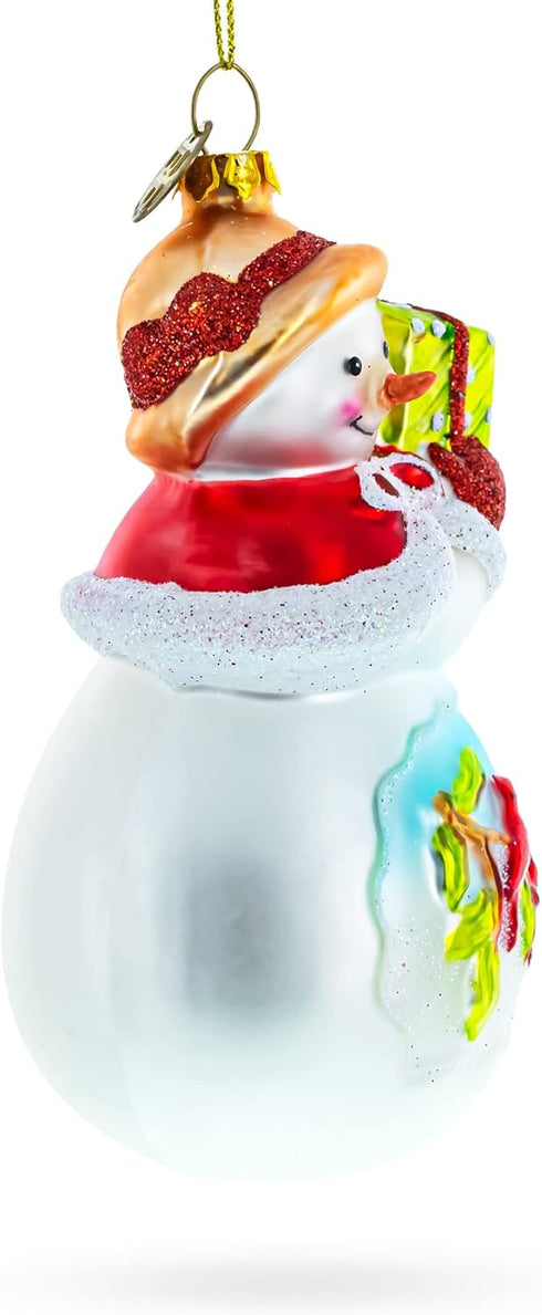 Snowman with Red Cardinals Blown Glass Christmas Ornament Holding a Gift