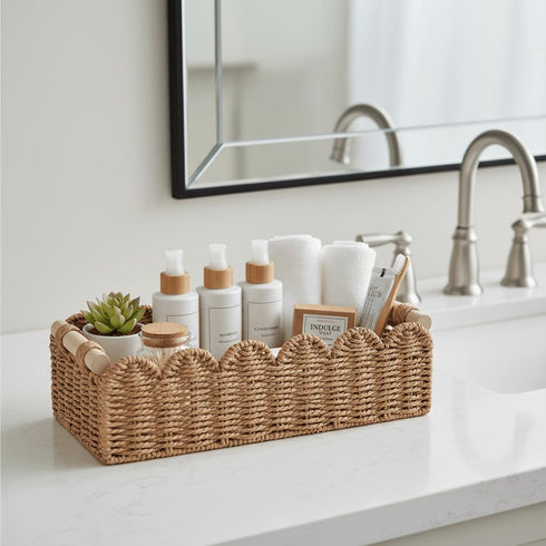 2 CubesLand Paper Rope Scalloped Edge Toilet Paper Storage Basket, Small Living Room, Bedroom Decor Baskets for Over