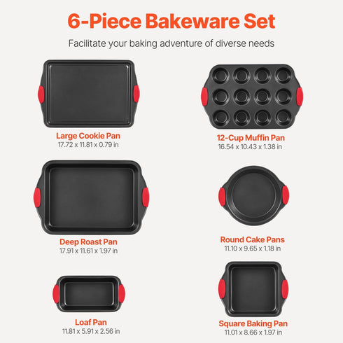 Set, 6-Piece, Sets VEVOR Baking Pans Nonstick Carbon Steel Cookware Sheets & Trays, Stackable Kitchen Oven Bakeware
