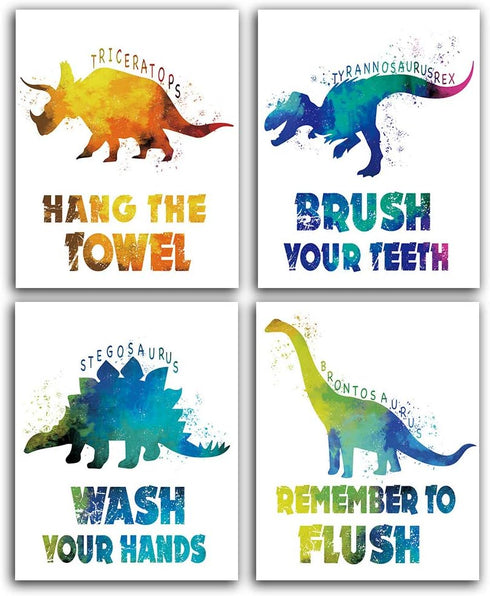 CHIEN-CHI LILI Wash Your Hands Dinosaur Bathroom Art Prints Set of 4 (8”X10”), Motivational Quote Decor for Kids
