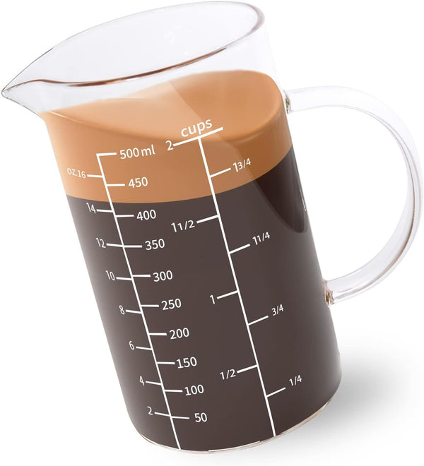 Newness Glass Measuring Cup with Handle - 500 ML (0.5 Liter, 2 Cup) with Three Scales and V-Shaped Spout