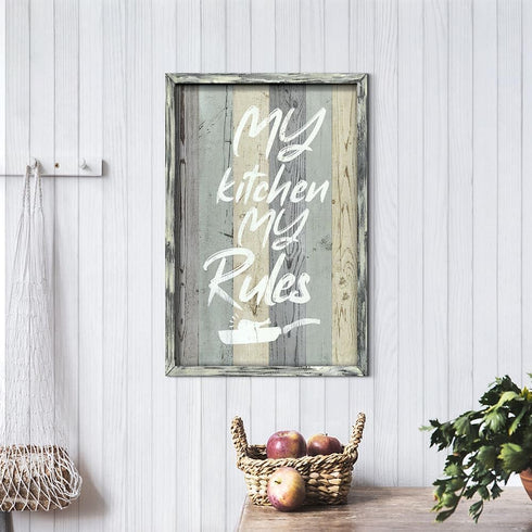 24x16 Inches Kitchen Quotes Framed Wall Art: Funny My Kitchen My Rules Wooden Painting Print Rustic Farmhouse Saying