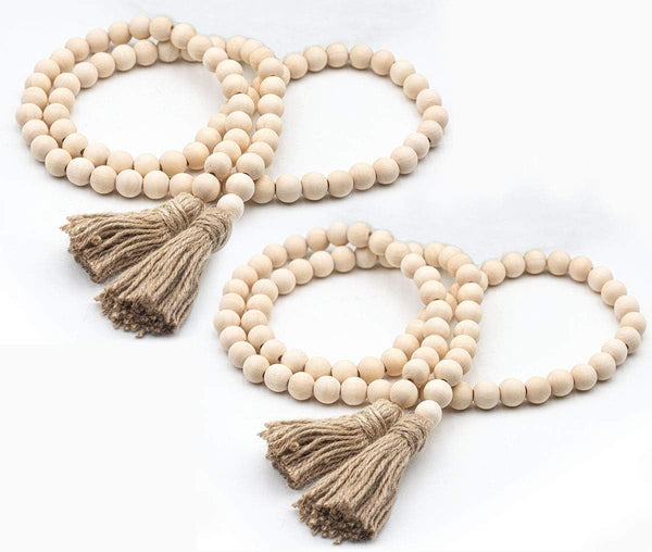 LSKYTOP 58 Inches Wood Bead Garland with Tassel, Rustic Prayer Beads for Farmhouse Tiered Tray Decor - 2 Pack