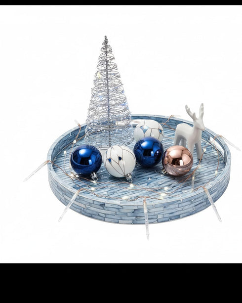12.6 PEMAR Mother of Pearls Lacquer Inlaid Round Serving Tray with Handles, Round Decorative Nacred Wooden Ottoman