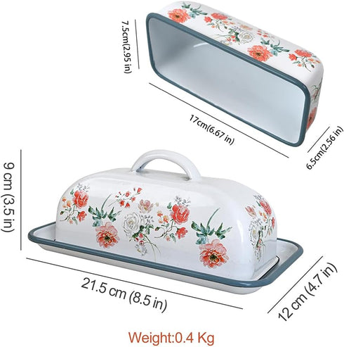7.5 Inch Countertop Enameled Farmhouse Vintage Butter Dish with Lid, Durable Kitchen Food Storage Container