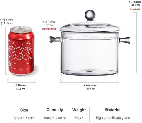 Glass Saucepan with Cover, 1.5L/50 FL OZ Heat-resistant Glass Stovetop Pot and Pan with Lid, The Best Handmade Glass Cookware Set Cooktop Safe for Pasta Noodle, Soup, Milk, Baby Food by LEAVES AND TREES Y
