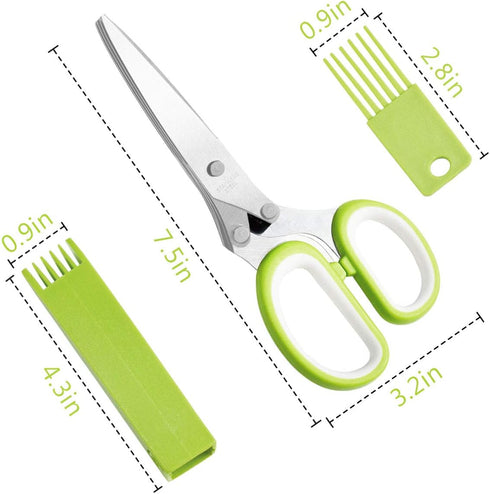 Herb Cutter Scissors, 5 Blade Kitchen Multipurpose Cutting Shear with Safety Cover & Cleaning Comb (Green)