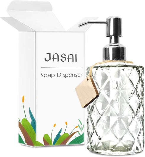 JASAI Diamond Design 12 Oz Glass Soap Dispenser, Kitchen and Bathroom with Stainless Steel Pump