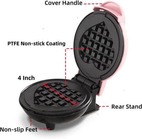 Mini Waffle Maker 4 Inch Plate - Heart Pink Non-Stick Waffle Iron for Hash Browns, Keto Chaffles, Snacks, Sandwich