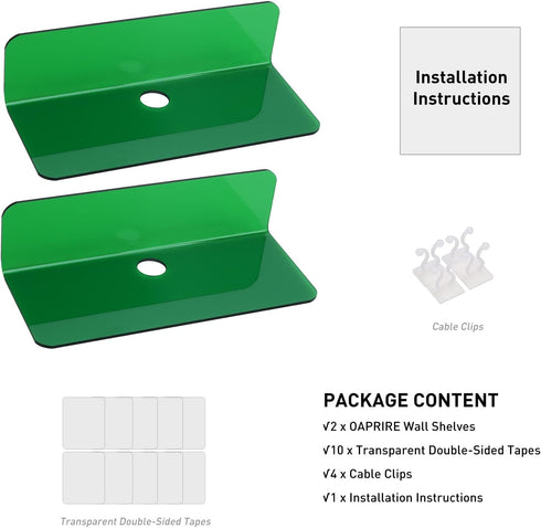 OAPRIRE Wall Mount Shelves Set of 2 - Drill Free Acrylic Shelf with Cable Clips - Waterproof Strong Adhesive for
