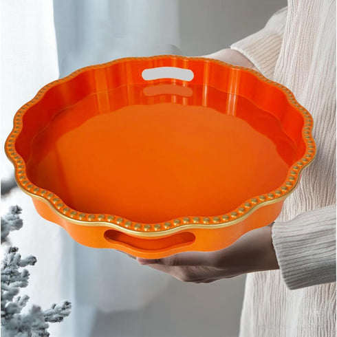 Counter, (13") Orange Decorative Tray for Coffee Table, Wavy Scallop Beaded Plastic Serving Tray forKitchen Ottoman