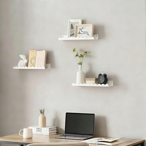Set 6, 16 Inch Nursery Book Shelves of White Metal Floating Shelves for Wall, Scalloped Book Shelf for Kids Room