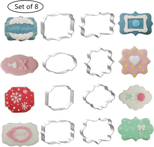 Fancy Plaque Cookie Cutters Set of 8 pcs, Stainless Steel Wedding Frames Shaped Fondant Cutter Molds for Baking