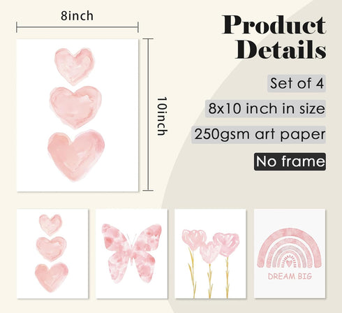 ULEGIE Set 4, 8x10 Inch Toddler Girl Room Decor, Pink Girls Room Nursery Dream Big Wall Art Prints of Watercolor Pink