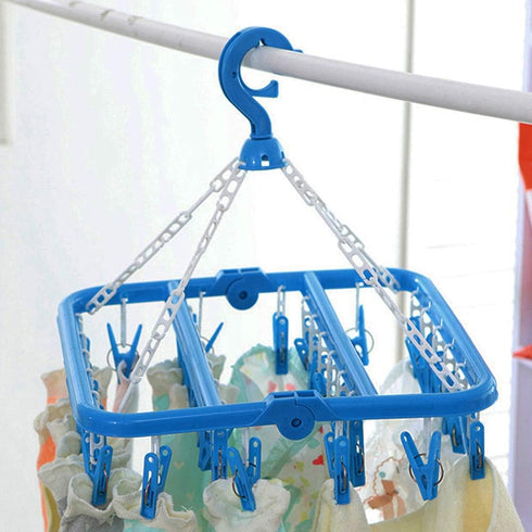 SteelFever Clothes Drying Hanger, Foldable Drying Rack with 32 Clips for Clothes, Underwear, Socks (Blue)