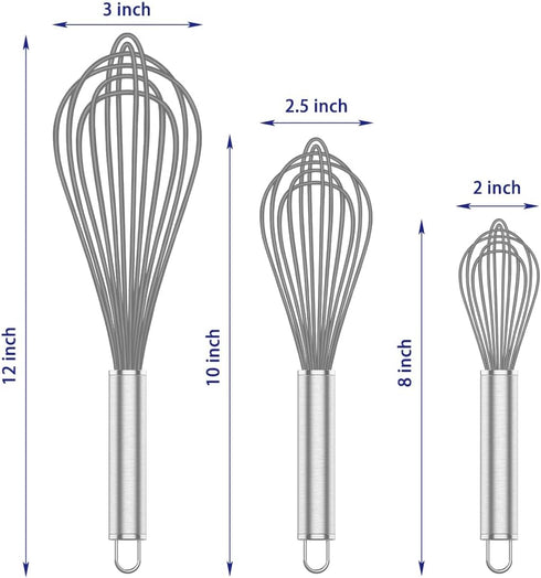 Grey Silicone Whisk, Professional Non-Scratch Whisks for Cooking, Set of 3 for Nonstick Cookware