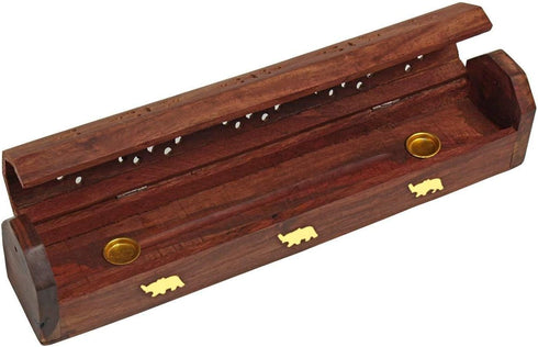 raajsee Beautiful Handmade Wooden Brown Incense Stick Holder Burner Coffin Box - Ash Catcher with Brass Inlay - Home