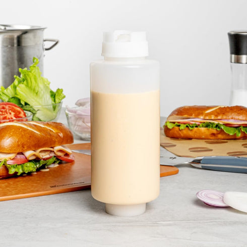 Restaurantware 32oz. FIFO Inverted Plastic Squeeze Bottle with Refill and Dispensing Lids, Perfect for Restaurants