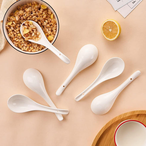 Porcelain Soup Spoons Set of 6, 6.6 Inch Ceramic Chinese Soup Spoons for Asian Ramen