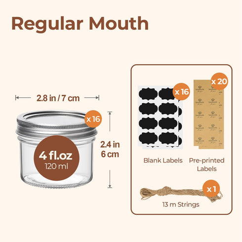 4oz 16PCS, ComSaf Mini Mason Jars Bulk Regular Mouth Mason Jar with Lids and Seal Bands, Small Glass Canning Jar