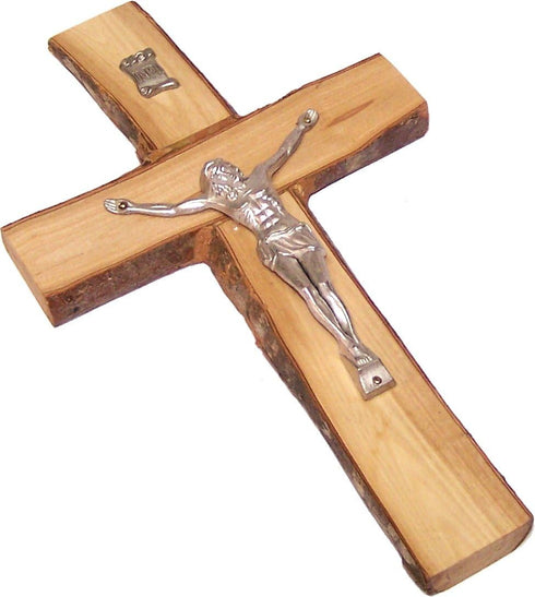 Holy Land Market Olive Wood Cross/Crucifix, 9.2" x 5.5" with Bark Edges from Bethlehem