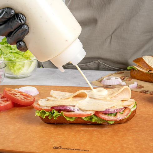 Restaurantware 32oz. FIFO Inverted Plastic Squeeze Bottle with Refill and Dispensing Lids, Perfect for Restaurants