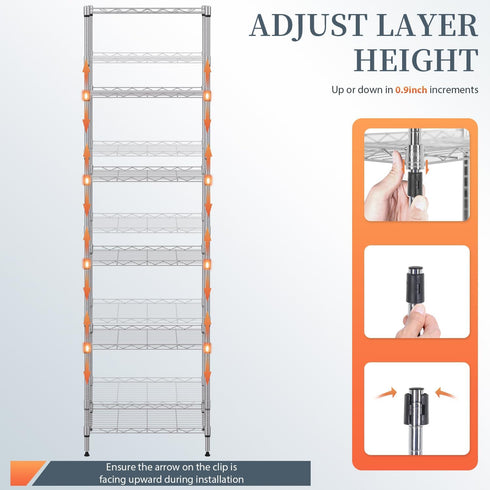 BestOffice 6-Shelf Adjustable Wire Shelving Unit, Metal Shelves, 11.8" D x 16.7" W x 63.6" H, Chrome