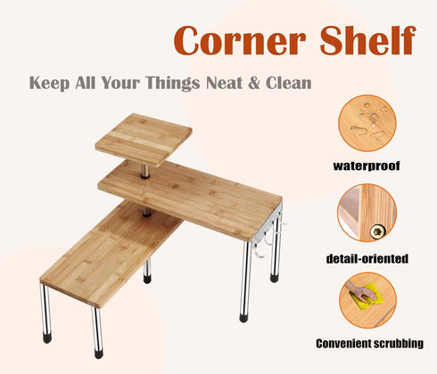 HYNAWIN 3 Tier Corner Shelf Bamboo & Metal Storage Rack, Adjustable Organizer for Kitchen, Bedroom, Office